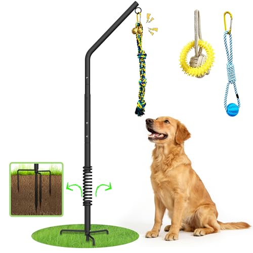 Tether Outdoor Dog Rope Toy with Adjustable Height Spring Pole, 3 Kinds Dog Tug of War Toys for Self Play and Interactive in Park, Yard, Lawn Rope, Suitable for Energetic Dog(45″)
