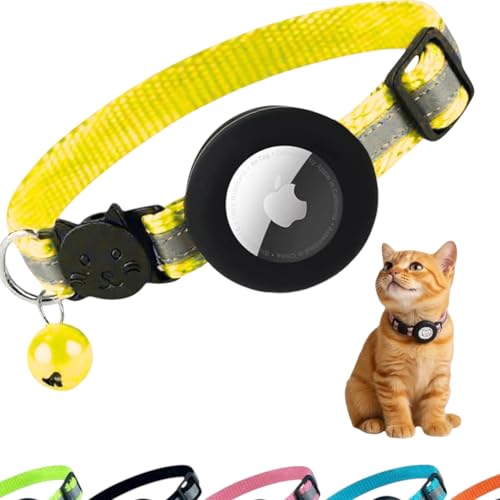 AirTag Cat Collar with AirTag Holder, Breakaway Reflective Cat Tracker Collar with Bell by AmazeGoods - color: Yellow