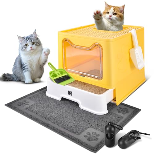 Cat Litter Box with Litter Mat, Foldable Extra Large Free in and Out/One-Way with Lid, Drawer Type Enclosed Kitty Litter Box,Odor Control Anti-Splashing Easy Cleaning (Yellow) - color: Yellow