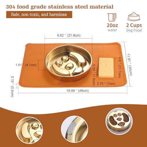 Golden Stainless Steel Slow Feeder Dog Bowls – Non-Slip Metal Dog Bowl for Large & Medium Breeds, Puppy Puzzle Feeder – 2 Cup for Small to Big Pets – Durable Slow Feed Dog & Cat Food Dish with Mat - color: Face With Mat-Golden