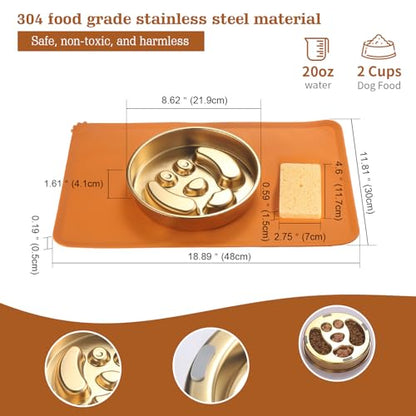Golden Stainless Steel Slow Feeder Dog Bowls – Non-Slip Metal Dog Bowl for Large & Medium Breeds, Puppy Puzzle Feeder – 2 Cup for Small to Big Pets – Durable Slow Feed Dog & Cat Food Dish with Mat - color: Face With Mat-Golden