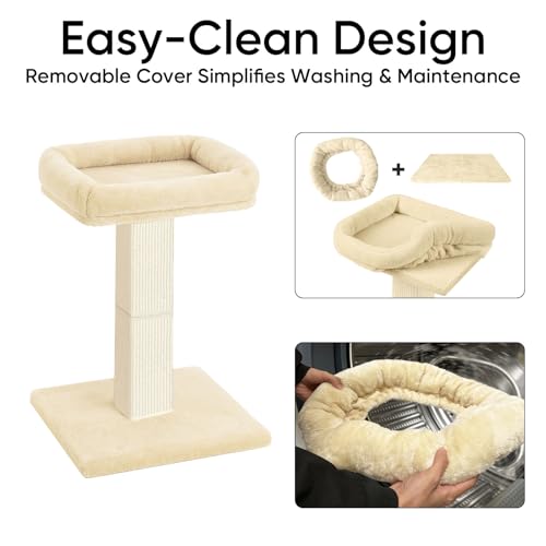 Cat Scratching Post, 32”Cat Scratcher with Large Plush Perch, Sisal & Carpet Scratching Post, Vertical Posts with Elevated Bed for Indoor Cats, Removable& Washable Cover, Beige - color: Beige with Bed
