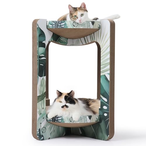 Necoichi Cat Scratcher Tower for Indoor Cats - Cat Scratching Post Lounger with Reversible Usability and Extra Comfort for Lounge, Cardboard Bed Couch / (XL, Oak) - color: Go Green, size: Large