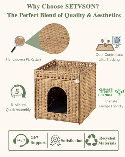 SETVSON Cat Litter Box Enclosure Furniture, Hidden Litter Box with Mat and Fence, Handwoven Rattan Cat House with Two S-Shaped Hooks for Living Room, Bedroom, 18.5 x 20.5 x 19.1 Inches (Natural) - color: Natural, size: Standard