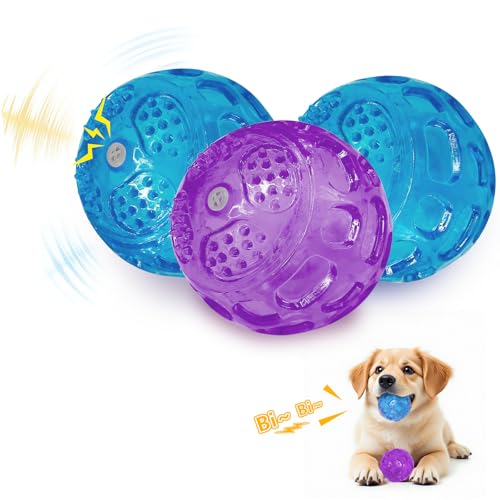 RICHIE Ultra Durable Squeaky Dog Balls 3 Inch for Large Medium Dogs, Tough Chew Toys for Aggressive Chewers, Floating Fetch Balls for Pool Play, Teeth Cleaning Dog Toys 3 Pack Purple + Blue + Blue - color: Purple + Blue + Blue