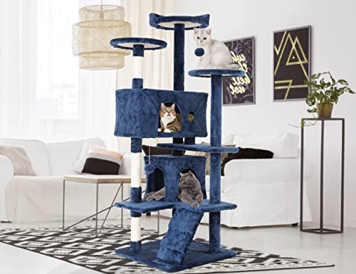 Cat Tree, 54'' Tall with 3 Scratching Posts, 3 Platforms, 2 Condos, for Indoor Cats - color: Navy Blue