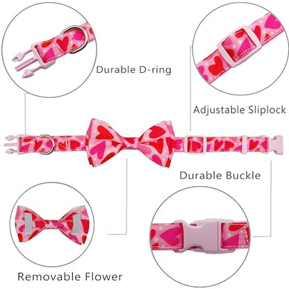 Valentine Dog Collar with Bow Tie, Holiday Quick-Release Red and Pink Heart with White Polka Dots Pattern for Small Medium Large Pets Puppies - color: Valentine Pink Heart, size: Large-(16-27") Neck * 1" Wide