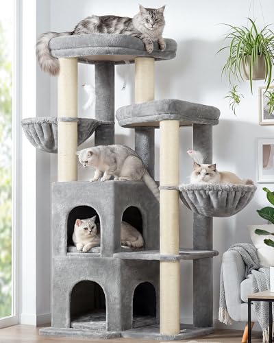 Globlazer Cat Tree Tower for Indoor Cats, Sturdy Adult Cat Tree House for Large Adult Cats with 2 Platform, 6 Cat Scratching Post, 2 Cat Caves, Dangling Toys, S63, 63 inch, Light Grey - color: Light Grey, size: XXL