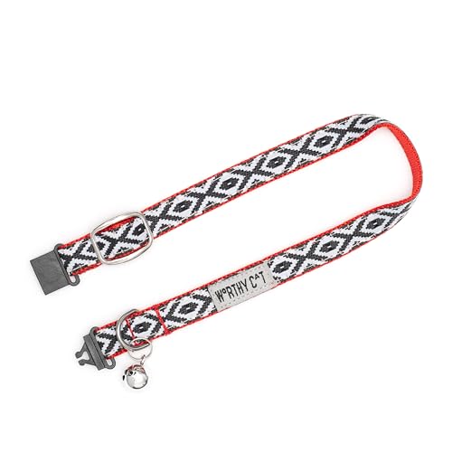 THE WORTHY DOG Patterned Kitim Cat Collar with Bell, Adjustable Nylon Safety Collar, Black/White, One Size - color: black