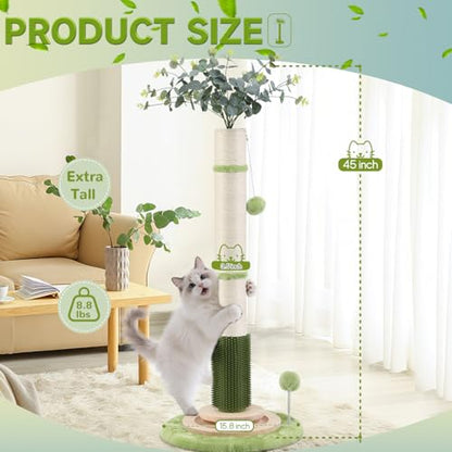 45'' Extra Tall Cat Scratching Post for Large Cats,3.5Inch Natural Sisal Scratcher with Solid Wood Base,Stable Cat Scratch Post with Interactive Toy,Self Groomer,Climbing Pole for Full Body Stretching - color: green-45inch
