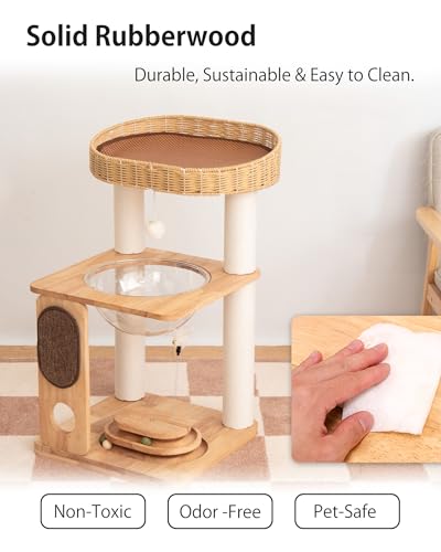 Wood Cat Tree for Large Cats, Modern Cat Tree Tower with Wide Shelves Cotton Scratching Posts, Super Sturdy Base, Cozy Perches, and Interactive Toys for Indoor Kittens 31-Inch - color: Nature S81