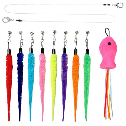 10 PCS Cat Worm Toy Including Worm & Little Fish, Interactive Cat Wand Toy Retractable Cats Wand Attachment Fuzzy Worms Toys Cats Fishing Pole Toys with Wands Replacement Rope for Play Exercise