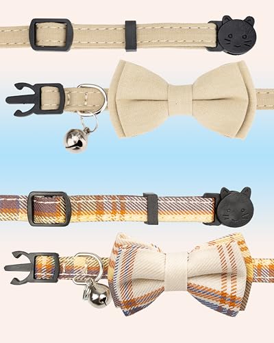 Cat Collar Breakaway Bowtie Safety with Bell Adjustbale Kitten Puppy Solid Plaid Color Set D-[2pcs] Beige - color: D-[2pcs] Beige