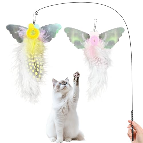 Walfront Interactive Cat Feather Wand Toy with Replaceable Colorful Polka Dot Butterfly, Realistic Fluttering Teaser for Indoor Cats & Kittens, Boredom Relief, Bonding Play, Safe Durable Pet Toy
