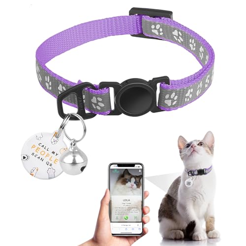 Cat Collar Breakaway with QR Code Name Tag, Reflective Kitten Collars with Bell, Cat ID Tag Personalized, Ultra-Durable, Adjustable, Quick Release, Fits Most Girl Boy Small Large Cats (8''-13.3'') - color: Light Purple