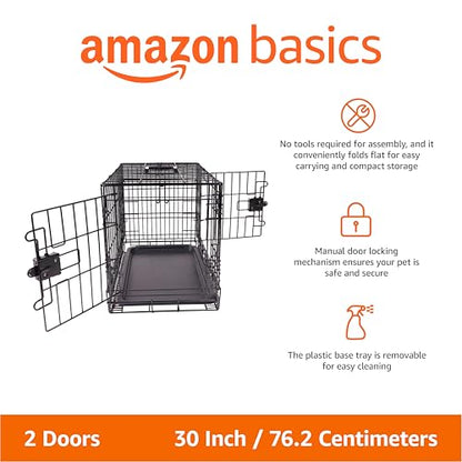 Amazon Basics Portable, Foldable Metal Wire Dog Crate with Removable Tray, Double Door, Divider Panel, Easy to Assemble, 30 x 19 x 21 in, Black - size: 30.0"L x 19.0"W x 21.0"H, style: Double Door w/ Divider