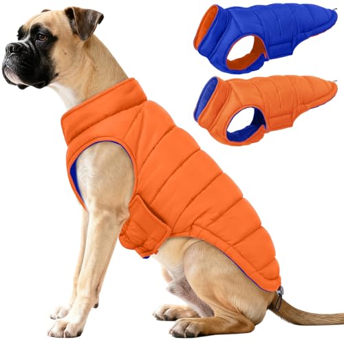 QBLEEV Reversible Dog Winter Coat, Waterproof Windproof Warm Jacket with Adjustable Hook & Loop Design, Lightweight Puffer Vest for Medium Dogs, Orange, M – Fits Pug, Beagle, Corgi - color: Orange-Navy, size: Medium
