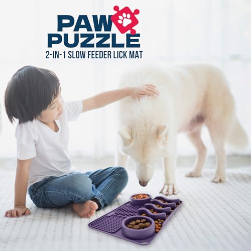 Palz&Co Paw Puzzle 2-in-1 Slow Feeder & Lick Mat for Dogs and Cats, Dry and Wet Food, Dishwasher Safe Silicone, Medium 12"x8", Purple - size: Medium
