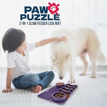 Palz&Co Paw Puzzle 2-in-1 Slow Feeder & Lick Mat for Dogs and Cats, Dry and Wet Food, Dishwasher Safe Silicone, Medium 12"x8", Purple - size: Medium