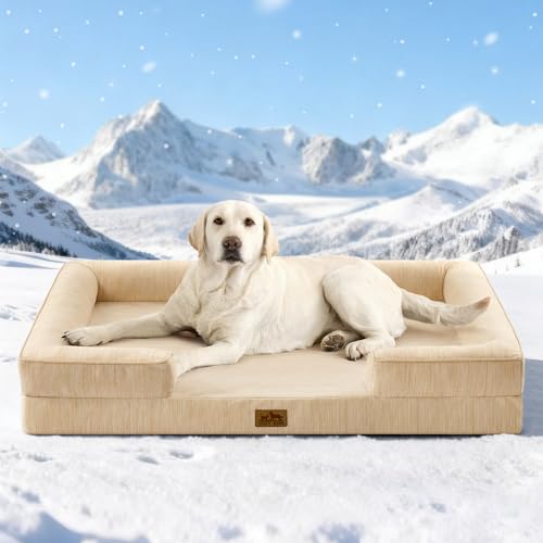 COZY KISS Cooling Dog Bed for Extra Large Dogs 44x32 inch, Q-Max >0.4 Summer Cool Orthopedic Foam Pet Sofa Bed with Sides, XL Size Bolster Anti-Slip Couch with Washable Removable Cover, Beige - color: Beige, size: 44x32x7 inch