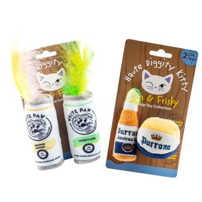 Haute Diggity Kitty White Paw Mango & Lime + Purrrona Beer Bottle & Ball Set, Plush Cat Toys Catnip Filled with Interactive Crackle Sound, Safe & Durable Toys for Cat & Kitten, 4 Pcs - style: Kitty WP Mango & Lime + Purrrona Beer Bottle & Ball