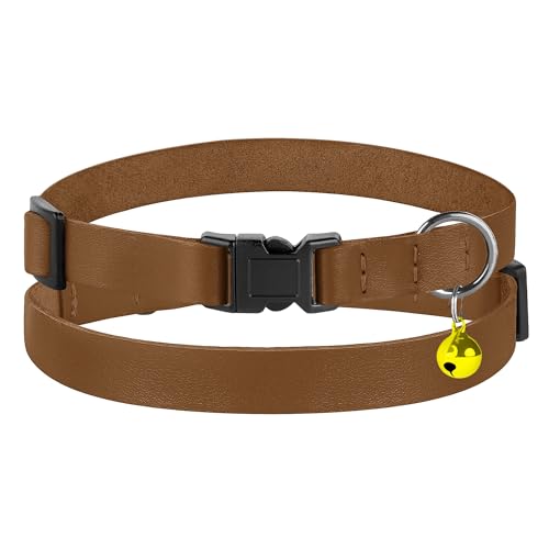 Breakaway Cat Collar with Bell - Leather Adjustable Kitten Collars with Safety Quick Release Buckle - Soft Small Pet Collars for Girl & Boy Cats (Brown) - color: Brown