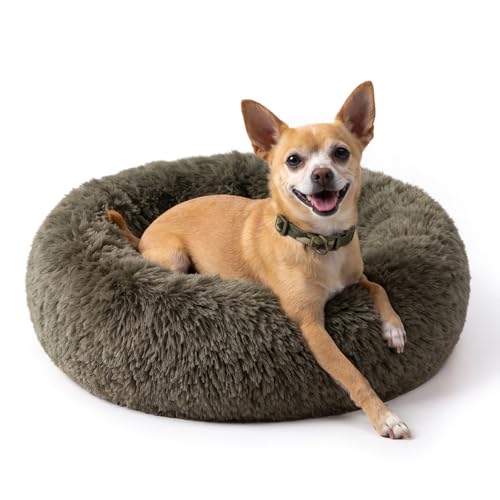 Calming Donut Dogs Beds for Small Dogs Washable,19inch Fluffy Round Puppy Bed for Puppies,Cats & Toy Breeds with Raised Rim,Fits up to 15 lbs Pets,Army Green - color: Army Green, size: 19 inches