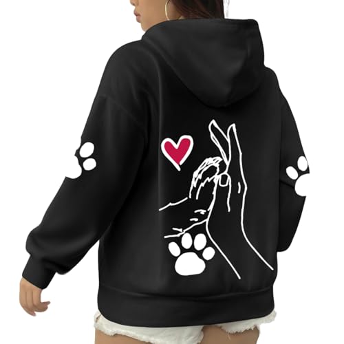 Dog Paw Print Heart Sweatshirt for Women Pet Sweatshirts for Dog Lovers Cute Graphic Cotton Hoodies Pullover Tops - color: Black, size: Medium