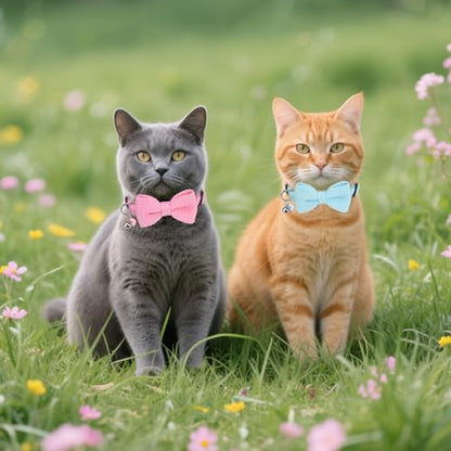 Cat Collar Breakaway with Bells, Soft Cotton Pink Cat Bowtie Collar for Girl Cats, Small Cats Collar with Bow for Spring Summer, 2 Pack Cute Kitten Collars with Removable Bowtie 8-12Inch - color: Light Pink + Sky Blue