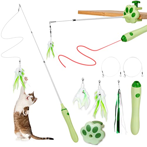 BEBOBLY 3-in-1 Retractable Cat Wand Toy for Indoor Cats Interactive Cat Feather Toys - color: Green