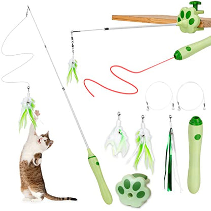 BEBOBLY 3-in-1 Retractable Cat Wand Toy for Indoor Cats Interactive Cat Feather Toys - color: Green