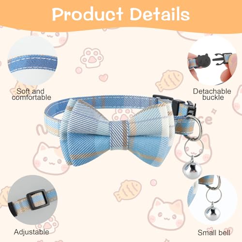 Jeffdad 2Pcs Cat Collar Breakaway, Cat Collar with Bells Bowtie Plaid Cat Collar Adjustable for Kitten Puppy and Small Pets (Blue and White Plaid) - color: Blue and white plaid