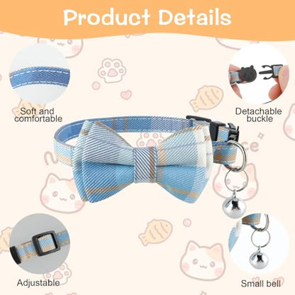 Jeffdad 2Pcs Cat Collar Breakaway, Cat Collar with Bells Bowtie Plaid Cat Collar Adjustable for Kitten Puppy and Small Pets (Blue and White Plaid) - color: Blue and white plaid