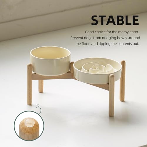 Havniva 7.3” Raised Slow Feeder Dog Bowls Set, 1.2 Cups Ceramic Slow Feeder Dog Bowl and 6.1” Dog Water Bowl with Elevated Wooden Stand Puzzle Dog Food Bowl for Small Dogs Anti-Gulping & Anti-Choking - color: 2 x Light Yellow+Stand-A, size: 7.3inch