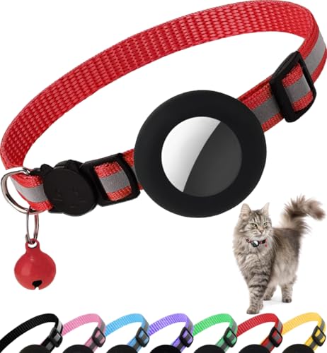 Airtag Cat Collar Breakaway, Reflective Kitten Collar with Apple Air Tag Holder and Bell for Girl Boy Cats, 0.4 Inches in Width and Lightweight (Red) - color: Red