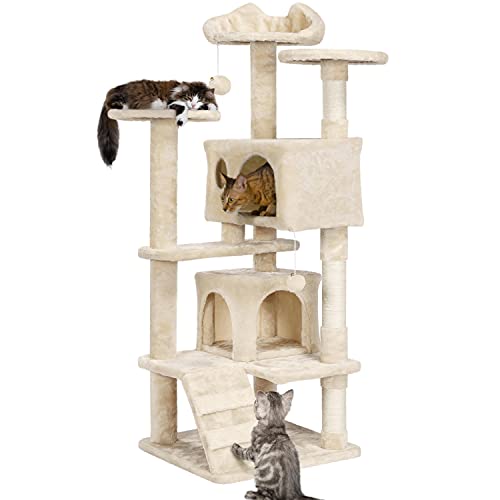 Yaheetech 54in Cat Tree, Multi-Level Cat Tower with Spacious Perch, 2 Cozy Caves, Scratching Posts, Climbing Ladder, 2 Plush Balls, Durable Pet House Furniture for Indoor Kittens, Beige - color: Beige, size: 54in