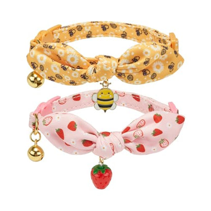 2 Pack Cotton Cat Collar, Removable Bowtie, Floral Pattern, Safety Breakaway Clasp, Adjustable for Cats.(Adult Cat, Bee+Strawberry) - color: 2 Pack (Bee+Strawberry)