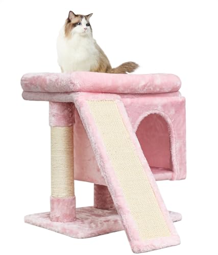 SYANDLVY Small Pink Cat Tree with Perch for Indoor Cats, Cat Tower with Scratching Post, Modern Activity House for Large Cats, Condo with Board, Kittens Cave - color: Pink