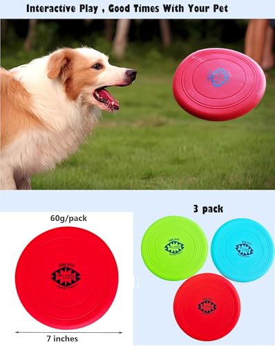 100% Silicone Flying Disc for Dog Training Soft Safe 7 Inches 3 Pack Durable in Green Blue, Red Color