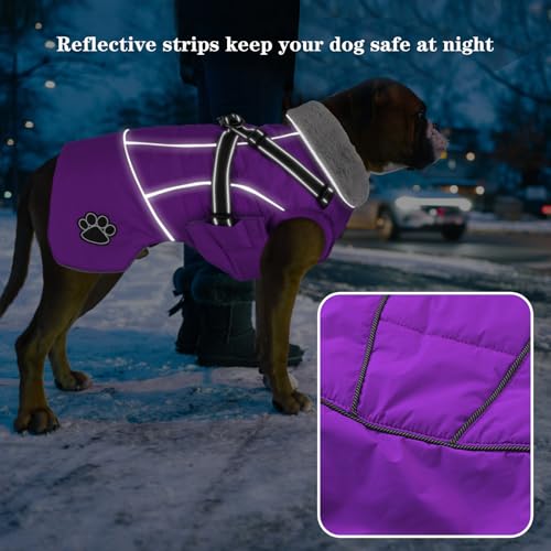 Dog Jacket Waterproof Dog Coat with Harness Built in, Christmas Puppy Winter Coat Reflective Turtleneck Puffer Snow Jackets for Small Medium Large Dogs - color: Purple, size: Large