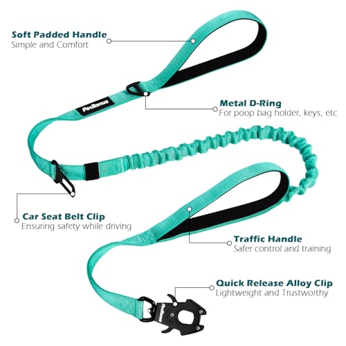 Heavy Duty Tactical Dog Leash, 5 FT Bungee Shock Absorption Leash with 2 Padded Handles, Quick Release Metal Clip, Car Seatbelt, No Pull Training Lead for Large Medium Dogs（Turquoise） - color: Turquoise