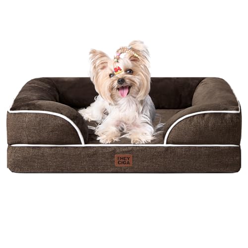 EHEYCIGA Orthopedic Dog Bed for Small Dogs, Waterproof Memory Foam Small Dog Beds with Sides, Non-Slip Bottom and Egg-Crate Foam Medium Pet Couch Bed with Washable Removable Cover, Brown - color: Brown, size: 24.0"l X 18.0"w X 6.0"th