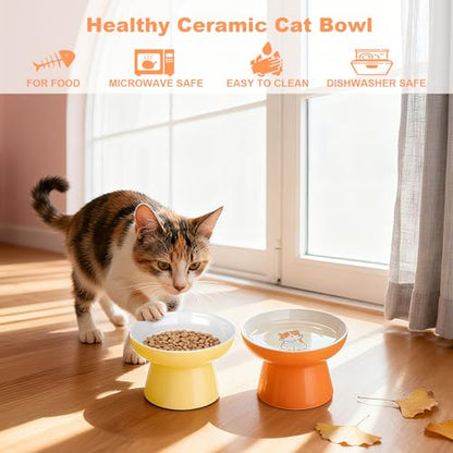 Elevated Cat Bowls,2 Pcs Ceramic Raised Cat Food Bowls with Non-Slip Base,Whisker-Friendly Shallow Design,Lead & Cadmium Free Pet Feeder,Dishwasher and Microwave Safe (Orange&Yellow) - color: Orange&Yellow
