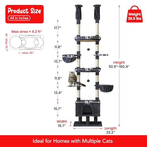 Cat Tree, Floor to Ceiling Cat Tower Adjustable Height [92.9-102.4in=235-258cm], 7 Tiers Cat Climbing Play House with Scratching Post, Cozy Condo&Hammocks for Indoor Cats, Smoky Grey - color: Smoky Grey