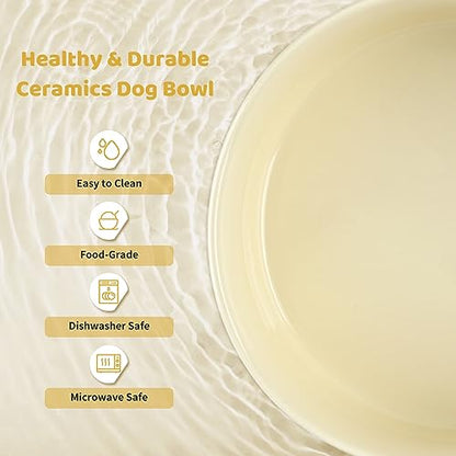 SPUNKYJUNKY Ceramics Elevated Dog Bowls with Wooden Stand - Raised Double 60OZ Cream White Bowls for Medium Large Dogs - color: Cream White (Double Bowls Set), size: Large - 7.6 CUPS