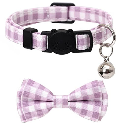 2 Pack/Set Cat Collar Breakaway with Cute Bow Tie and Bell Plaid Flower for Kitty Adjustable Safety - color: Purple