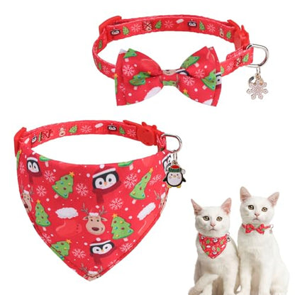 SCENEREAL Christmas Cat Bandana Collar with Bell Bowtie - 2 Pack Breakaway Kitten Collars, Adjustable Cute Pet Accessories for Cats and Small Dogs - color: Bandanas & Bow (Christmas Print)