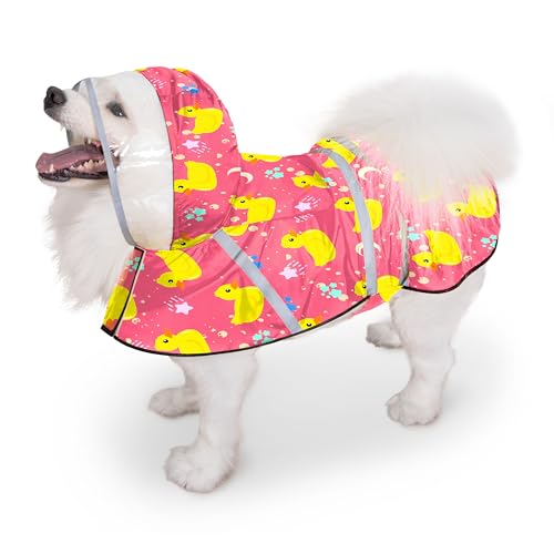 Dog Raincoat, Adjustable Rain Jacket with Hooded Double Layer for Large Medium Small Dogs Puppies, Lightweight Waterproof Rain Coat Poncho with Reflective Stripe Duck Pink,S - color: Duck Pink, size: Small
