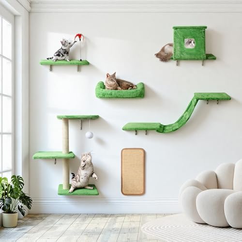 Cat Wall Shelves, 6 in 1 Cat Wall Furniture Set with Condos House, Bed, Bridge, Tree, Steps, Scratching Board, DIY Walls Playground for Indoor (Green) - color: Green