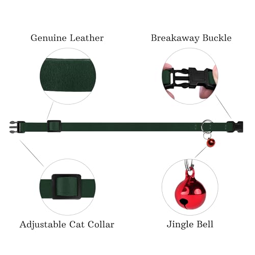 Breakaway Cat Collar Leather with Removable Bell - 13 Colors Available - Soft Adjustable Girl Boy Safety Lightweight Pet Kitten Collars Pink Brown Blue Green Red Orange Black (Emerald) - color: Emerald